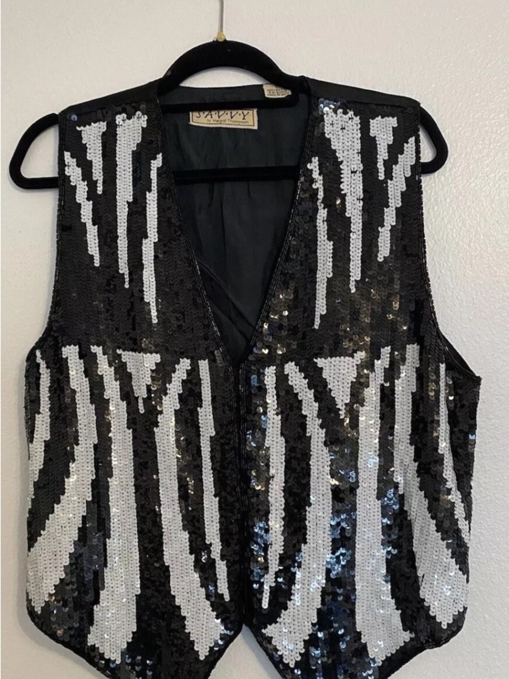 Vtg Savvy Margot Thompson Sequin Vest Black White Size Large Zebra Stripe Look